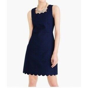 J Crew Dress Womens 12 Navy Blue Basketweave Scallop Edge Cotton Preppy Classic